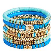 Synthetic Hematite & Polymer Clay Heishi Beads Stretch Bracelets Set, Golden Plated Round Beads Bracelets for Women, Dodger Blue, Inner Diameter: 2-1/4 inch(5.7cm), 7pcs/set(BJEW-PH01487-02)