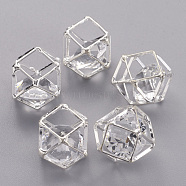 Brass Hollow Polygon Beads, with Floating Glass Beads Inside, Silver Color Plated, 16x20x17mm(KK-M092-A-S)