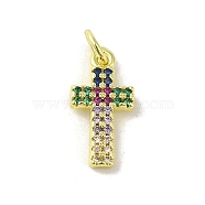 Brass Micro Pave Cubic Zirconia Pendants, Real 18K Gold Plated, Cross Charms, Colorful, 16x8x2mm, Hole: 3mm(KK-M283-20B-02)