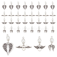 Elite 48Pcs 4 Style Tibetan Style Alloy Pendants, with Glass Pearl Bead, Heart/Wing, Antique Silver, Mixed Patterns, 30~46mm, Hole: 2mm, 12pcs/style(FIND-PH0009-78)