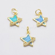 Brass Micro Pave Cubic Zirconia Charms, with Synthetic Opal, Star, Lead Free & Nickel Free & Cadmium Free, Golden, 13x13x2.5mm, Hole: 3mm(KK-P135-06G-NR)