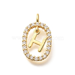 Brass Micro Pave Cubic Zirconia Pendants, Real 18K Gold Plated, Oval with Letter Charms, Letter H, 18.5x11x3.5mm, Hole: 2x1.5mm(ZIRC-P123-01G-H01)