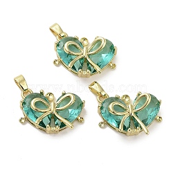 Real 18K Gold Plated Brass Glass Pendants, Heart with Bowknot Charm, Lead Free & Cadmium Free, Long-Lasting Plated, Turquoise, 14x19x6mm, Hole: 2.5x4mm(KK-R161-02G-07)