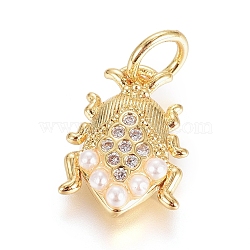 Brass Micro Pave Cubic Zirconia Pendants, Long-Lasting Plated, with Shell Pearl and Jump Ring, Insect, Clear, Real 18K Gold Plated, 12x8.5x2.5mm, Hole: 3.5mm(ZIRC-G166-05G)
