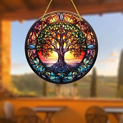 Flat Round Stained Acrylic Hanging Suncatchers, for Outdoor Garden Windows Decoration, Tree, Pendant: 150x3mm(PW-WG69601-02)