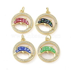 Brass Micro Pave Clear Cubic Zirconia Pendants, with Enamel and Shell & Jump Ring, Real 18K Gold Plated, Flat Round with Dolphin Charm, Mixed Color, 21x18x4.5mm, Hole: 3.3mm(KK-Q813-05G)