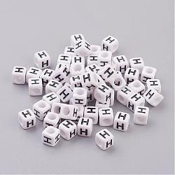 Acrylic Horizontal Hole Letter Beads, Cube, White, Letter H, Size: about 6mm wide, 6mm long, 6mm high, hole: about 3.2mm, about 2600pcs/500g(PL37C9308-H)