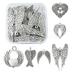 30Pcs 6 Styles Alloy Pendant, Wing, Antique Silver, 21~39x16~24x1~4mm, Hole: 1.5~2mm, 5pcs/style(FIND-YW0003-38)