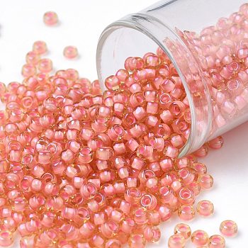 TOHO Round Seed Beads, Japanese Seed Beads, (924) Peach Lined Topaz, 8/0, 3mm, Hole: 1mm, about 222pcs/10g