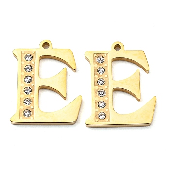 Real 14K Gold Plated 304 Stainless Steel Pendants, with Rhinestone, Letter E, Letter E, 18x14.5x1.5mm, Hole: 1.2mm