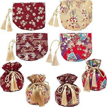 CHGCRAFT 8Pcs 4 Stylse Hot Stamping Cotton Candy Pouches, Drawstring Tassel Bags, for Wedding Gift Candy Packaging, Mixed Color, Mixed Patterns, 13.2x15x0.7cm, 2pcs/style