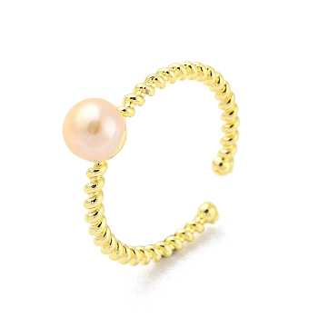 Brass Open Cuff Rings, with Natural Pearl, Real 14K Gold Plated, US Size 7(17.3mm)