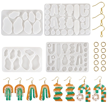 Pandahall 2Pcs 2 Style Twist Geometry Pendant Silicone Molds, with 100Pcs Iron Earring Hooks & Open Jump Rings, for Earring Making, Clear, 88~177x125~140mm, 1Pc/style