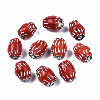 Handmade Millefiori Lampwork Beads, Barrel, Dark Red, 9~10x7~8mm, Hole: 1~1.2mm