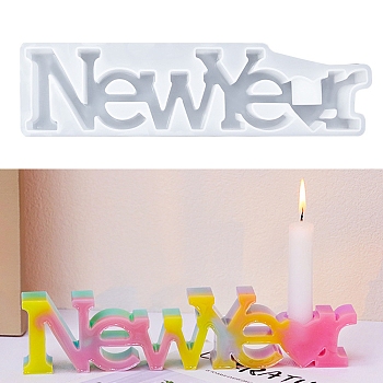 Word NEW YEAR DIY Candle Holder Silicone Molds, Candlestick Molds, Resin Plaster Cement Casting Molds, White, 65x255x31mm, Hole: 22mm, Inner Diameter: 57.5x243mm