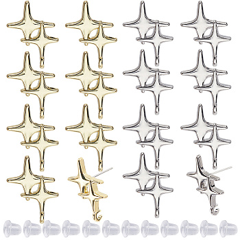 20Pcs Alloy Studs Earrings Findings, Star, 30Pcs Plastic Ear Nuts, Platinum & Golden, 22.5x17mm, Hole: 2mm, Pin: 0.7mm