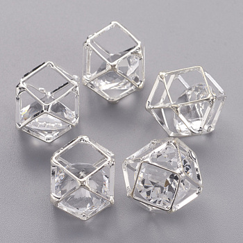 Brass Hollow Polygon Beads, with Floating Glass Beads Inside, Silver Color Plated, 16x20x17mm