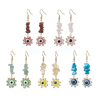 Evil Eye Natural & Synthetic Mixed Gemstone Chip & Seed Beads Dangle Earrings, 304 Stainless Steel Jewelry for Women, Golden, Mixed Color, 61~63x18mm