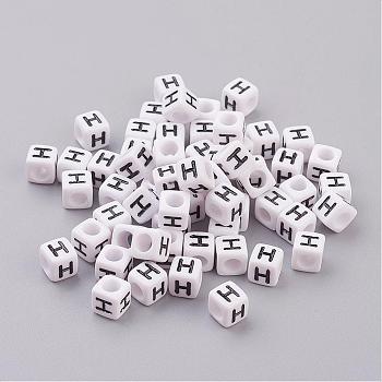 Acrylic Horizontal Hole Letter Beads, Cube, White, Letter H, Size: about 6mm wide, 6mm long, 6mm high, hole: about 3.2mm, about 2600pcs/500g