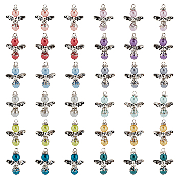 Elite Baking Painted Pearlized Glass Pearl Pendants, with Tibetan Style Alloy Beads and Rhinestone Spacer Beads, Angel, Mixed Color, 28.5x21.5x8mm, Hole: 2.5mm, 12pcs/set, 3 set/box
