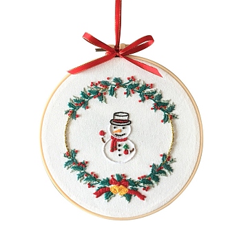 Christmas Themed DIY Embroidery Sets, Including Imitation Bamboo Embroidery Frame, Iron Pins, Embroidered Cloth, Cotton Colorful Embroidery Threads, Snowman Pattern, 30x30x0.05cm