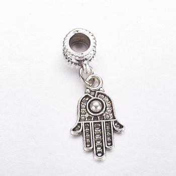 Tibetan Style Alloy European Dangle Charms, Large Hole Pendants, Hamsa Hand/Hand of Fatima/Hand of Miriam, Antique Silver, 32mm, Hole: 4.5mm, Pendant: 20.5x12.5x2mm