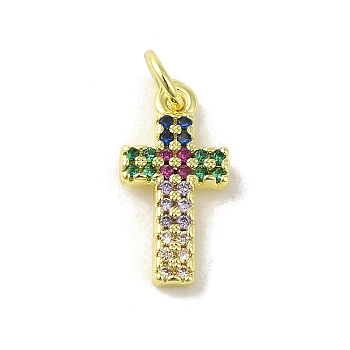 Brass Micro Pave Cubic Zirconia Pendants, Real 18K Gold Plated, Cross Charms, Colorful, 16x8x2mm, Hole: 3mm