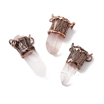 Natural Quartz Crystal Big Pendants, Rock Crystal, with Red Copper Tone Brass Findings, Faceted, Bullet, Cadmium Free & Lead Free, 49~61x28~31x18~19mm, Hole: 6mm