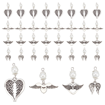 Elite 48Pcs 4 Style Tibetan Style Alloy Pendants, with Glass Pearl Bead, Heart/Wing, Antique Silver, Mixed Patterns, 30~46mm, Hole: 2mm, 12pcs/style