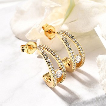 C-Shaped Brass Micro Pave Clear Cubic Zirconia Stud Earrings, Rack Plating, Long-Lasting Plated, Cadmium Free & Lead Free, Real 18K Gold Plated, 15.5x6mm