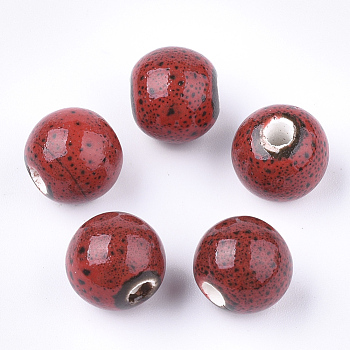 Handmade Porcelain Beads, Fancy Antique Glazed Porcelain, Round, FireBrick, 10.5~11x9.5mm, Hole: 2.5mm