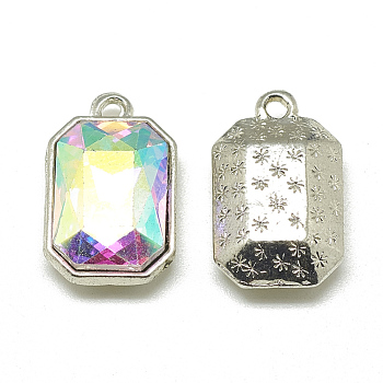 Alloy Glass Pendants, Faceted, Rectangle Octagon, Platinum, Clear AB, 19x12x5mm, Hole: 1.5mm