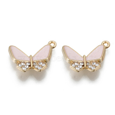Light Gold Pink Butterfly Alloy Rhinestone+Enamel Pendants