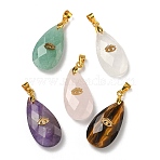 Natural Mixed Gemstone Pendants, Faceted Teardrop Shape Charms with Golden Tone 304 Stainless Steel Eye Slices and Brass Snap on Bails, 25~26x13~13.5x7.8~8.3mm, Hole: 4x3.5mm(G-K385-12G)