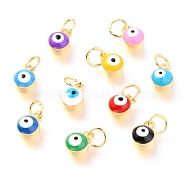 Brass Enamel Pendants, Long-Lasting Plated, Real 18K Gold Plated, with Jump Rings, Column with Evil Eye, Mixed Color, 8x5.5x4.5mm,Jump Ring: 5x0.6mm, 3mm inner diameter(KK-Y001-02A-G)