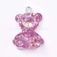 Resin Pendants, with Iron Loops and Glitter Sequins inside, Bear, for DIY Earring Making, Camellia, 26x18.5x9mm, Hole: 2mm(RESI-WH0008-32D)