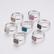 Druzy Resin Cuff Rings, Open Rings, with Brass Findings, Square, Size 7, Platinum, Mixed Color, 17mm(RJEW-F078A-P)