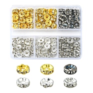 150Pcs 6 Styles Iron Rhinestone Spacer Beads, Grade A & B, Rondelle, Waves Edge, Crystal, Mixed Color, 7~8x3.5mm, Hole: 1.5~2mm, about 25Pcs/style (FIND-FS0001-35)