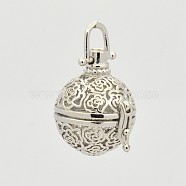 Filigree Round Brass Cage Pendants, For Chime Ball Pendant Necklaces Making, Platinum, 35.5mm, 29x27.5x23mm, Hole: 5x6mm, 18mm inner diameter(X-KK-D389-01P-A)