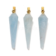 Natural Aquamarine Pointed Pendants, Faceted Cone Charms with Golden Plated Barss Snap on Bails, 35~35.5x8~8.5mm, Hole: 6.5x4mm(G-D089-01G-08)