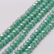 Electroplate Glass Bead Strands, Rondelle, Faceted, Rainbow Plated, Medium Sea Green, 3~3.5x2mm, Hole: 1mm, about 120~125pcs/strand, 12.4 inch(GLAA-K016-2x3mm-07FR)