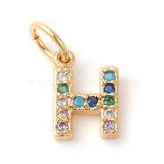Brass Micro Pave Colorful Cubic Zirconia Charms, Golden, Letter.H, 9x6x2mm, Hole: 3mm(ZIRC-F092-01-H)
