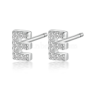 Rhodium Plated 925 Sterling Silver Initial Letter Stud Earrings, with Cubic Zirconia, Platinum, Letter E, 5x5mm(HI8885-05)