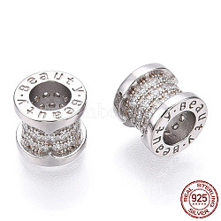 Rhodium Plated 925 Sterling Silver Micro Pave Cubic Zirconia Beads, Column with Word Beauty, Nickel Free, Real Platinum Plated, 8.5x8mm, Hole: 4.5mm(STER-T004-92P)