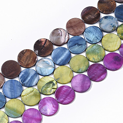Freshwater Shell Beads Strands, Dyed, Flat Round, Mixed Color, 19.5~20.5x2.5~3.5mm, Hole: 1mm, about 20pcs/Strand, 15.63 inch~16.02 inch(SHEL-T014-011)