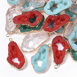 Druzy Resin Pendants, Imitation Geode, with Edge Light Gold Plated Iron Loops, Nuggets, Mixed Color, 36~37x19x6mm, Hole: 1.8mm(X-RESI-S383-015)