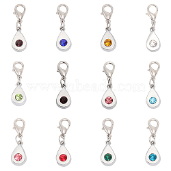 1 Set Birthstone Theme Alloy Glass Rhinestone Pendant Decorations, Zinc Alloy Lobster Claw Clasp Charms, Clip-on Charms, Mixed Color, 28mm, 12 colors, 1pc/color, 12pcs/set(HJEW-CA0001-50)