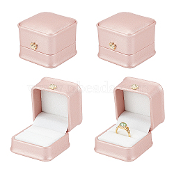 PU Leather Ring Gift Boxes, with Golden Plated Iron Crown and Velvet Inside, for Wedding, Jewelry Storage Case, Pink, 5.85x5.8x4.9cm(LBOX-NB0001-03A)