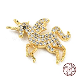 925 Sterling Silver Micro Pave Cubic Zirconia Pendants, Unicorn, Real 18K Gold Plated, 19x15x2.5mm, Hole: 1.2mm(STER-Q190-01G)