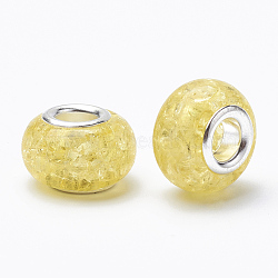 Crackle Resin European Beads, Large Hole Beads, with Silver Color Plated Brass Cores, Rondelle, Champagne Yellow, 13.5~14x8.5~9mm, Hole: 5mm(RPDL-S012-B10)